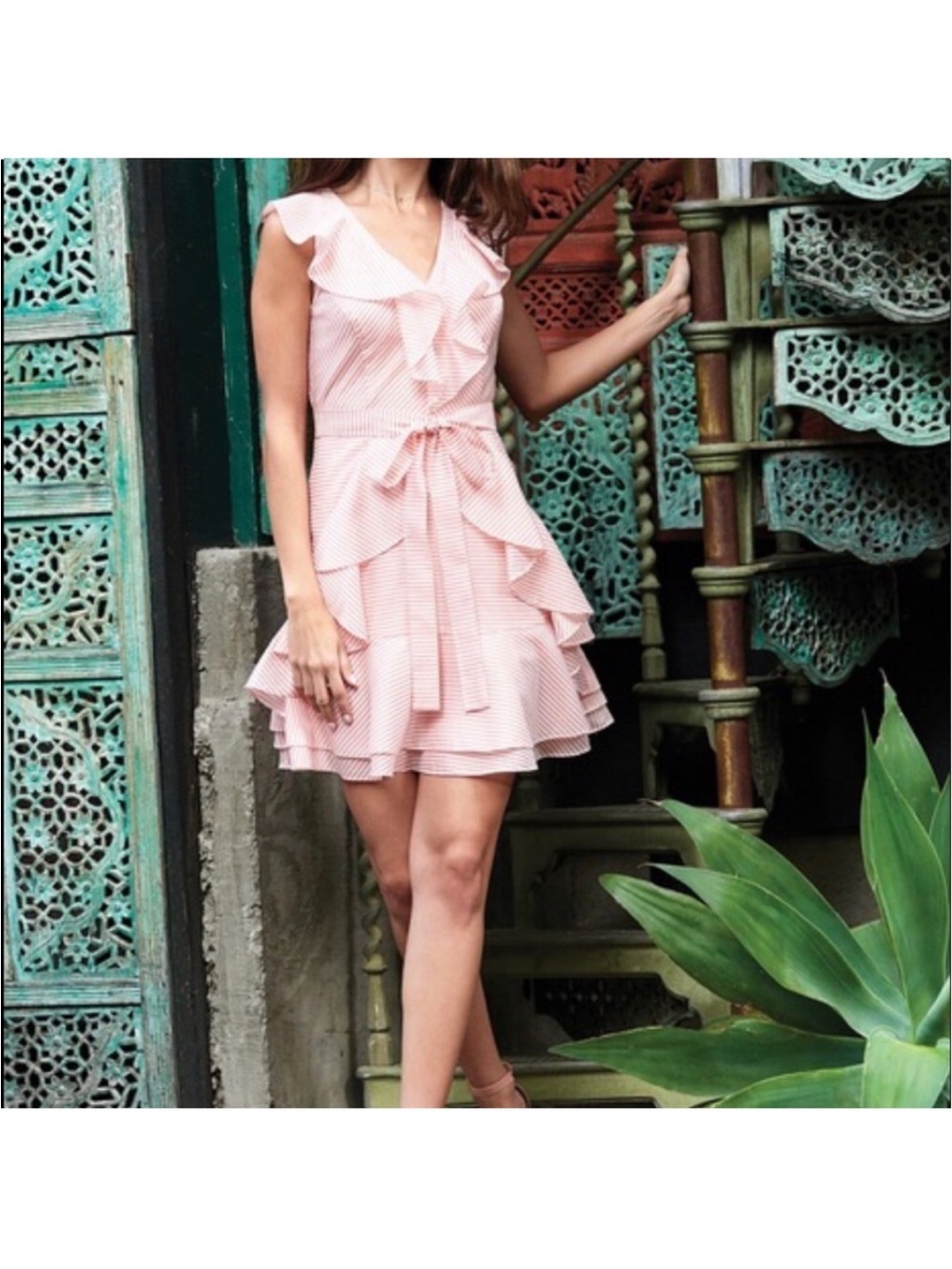 Gianni Bini Pink and White Striped Ruffled Isla Mini Feminine Dress Size 4